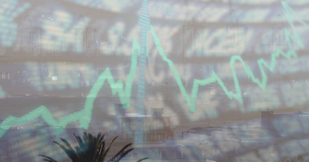 Image of data processing over cityscape. Global business, finances and digital interface concept digitally generated image.の写真素材