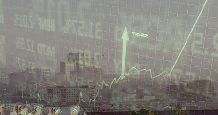 Image of data processing over cityscape. Global business, finances and digital interface concept digitally generated image.の写真素材