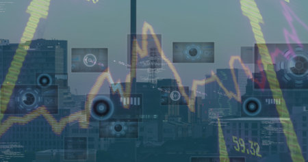 Image of data processing over cityscape. Global business, finances and digital interface concept digitally generated image.の写真素材