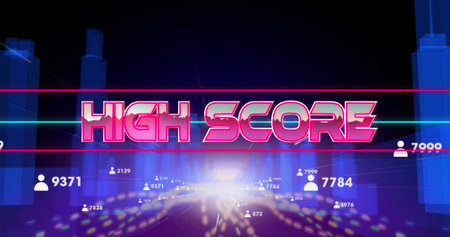 Image of high score text banner and profile icons over light trails against 3d city model. image game interface and technology conceptの写真素材