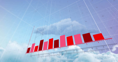 Image of statistical data processing over clouds in the blue sky. Business data and analytics technology conceptの写真素材