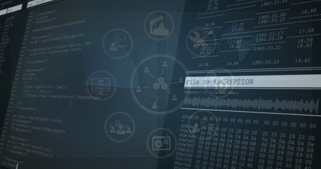 Image of network of digital icons over data processing against blue background. Computer interface...