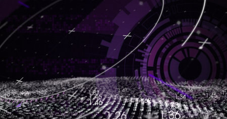 Image of spinning round scanner and digital wave against black background. Global networking and business technology conceptの写真素材