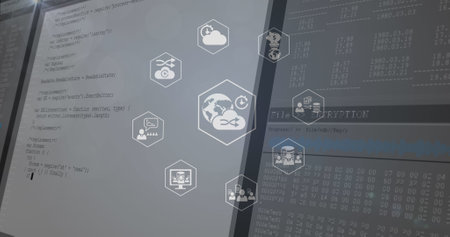 Image of network of digital icons over data processing against blue background. Computer interface...