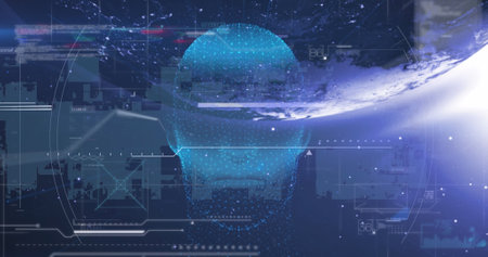 Image of 6g text and ticking clock over human head model and globe against blue background. Global networking and medical research technology conceptの写真素材