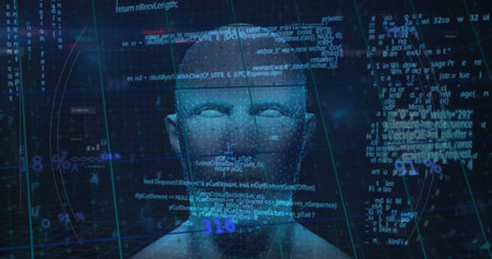 Image of data processing over digital human face on black background. Global technology, computing...