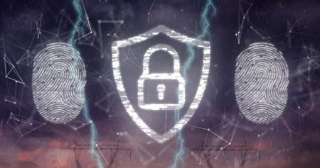 Image of biometric fingerprint scanners and security padlock icon against mobile towers. Cyber...