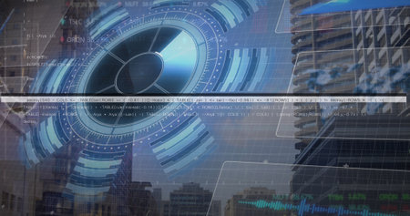 Image of data processing over cityscape. Global business and digital interface concept digitally...