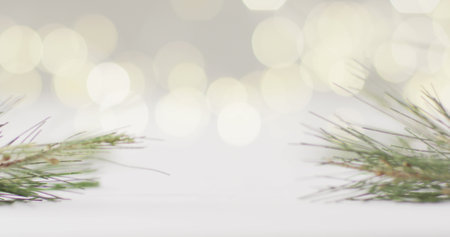 Image of close up of bokeh christmas fairy lights and pine tree branches on grey background. Christmas, tradition and celebration concept.の写真素材