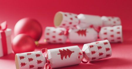Image of christmas red baubles and crackers on red background. Christmas, tradition and celebration concept.の写真素材