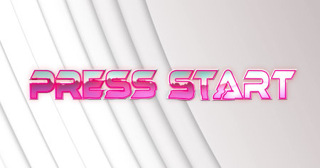 Image of press start metallic text over neon pattern. Global image game, data processing,...