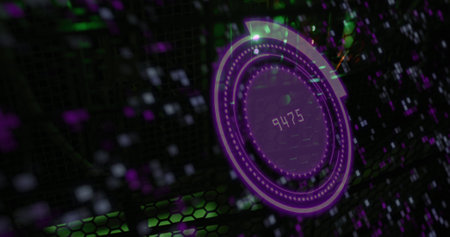 Image of scope scanning with data processing over moving columns. Global technology, online security...