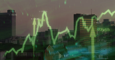 Image of data processing over cityscape. Global business and digital interface concept digitally...