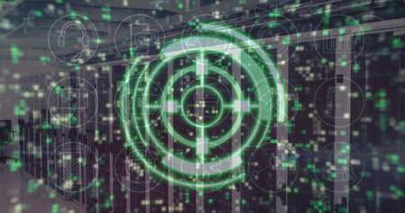 Image of scope scanning with icons and moving columns over server room. Global technology, online security and digital interface concept digitally generated image.の写真素材