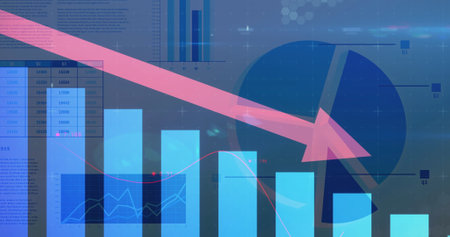 Image of data processing over blue background. Global business and digital interface concept digitally generated image.の写真素材