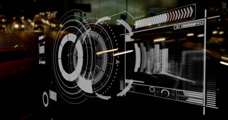 Image of interface with data processing against aerial view of city traffic at night. Computer...