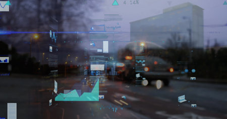 Image of statistical data processing against city traffic at night. Computer interface and business technology conceptの写真素材