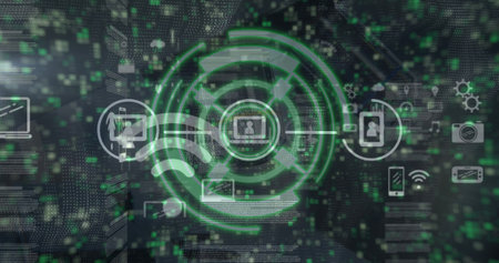 Image of scope scanning over network of connections with icons and moving columns. Global technology, online security and digital interface concept digitally generated image.の写真素材