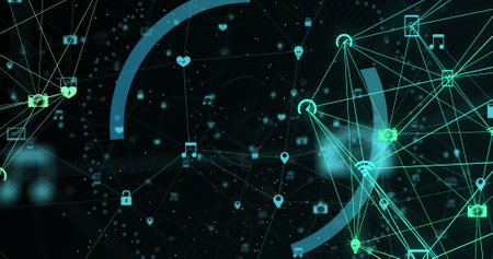 Image of scope scanning with padlock icon over networks of connections on black background. Global...