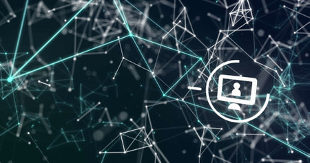 Image of icons and network of connections over dark background. Global connections and data processing concept digital generated image.の写真素材