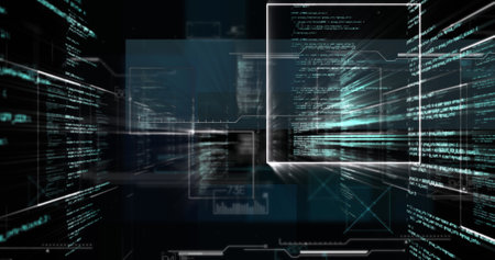 Image of data processing over dark background. Global connections and data processing concept...