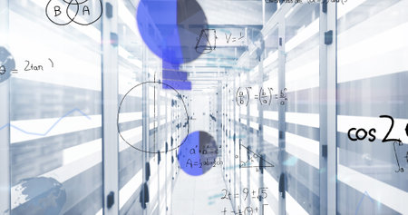 Image of digital data processing over server room. Global digital data processing concept digital...
