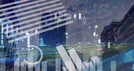 Image of statistical data processing over city traffic at night against tall buildings. Computer...