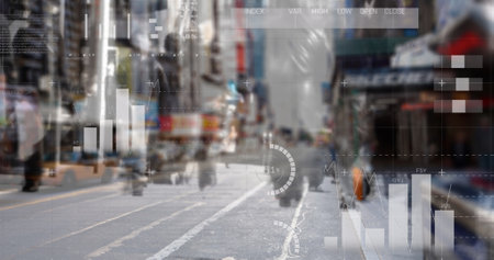 Image of statistical data processing against time-lapse of people walking on the street. Computer interface and business technology conceptの写真素材