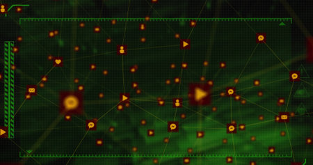 Image of data processing and network of connections over dark background. Global connections and...