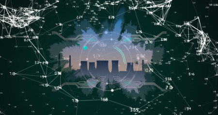 Image of network of connections over factory. Global business and digital interface concept digitally generated image.の写真素材