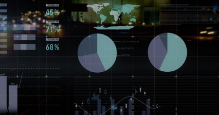 Image of statistical data processing against city traffic at night. Computer interface and business...