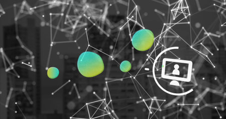 Image of network of connections over icons. Global business and digital interface concept digitally generated image.の写真素材