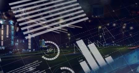 Image of statistical data processing against city traffic at night. Computer interface and business technology conceptの写真素材