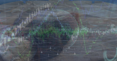 Image of data processing over coins. Global business and digital interface concept digitally generated image.の写真素材