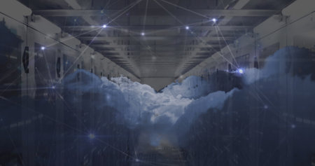 Image of network of connections over clouds. Global business and digital interface concept digitally...