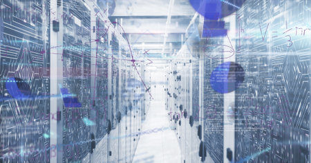 Image of digital data processing over server room. Global digital data processing concept digital...
