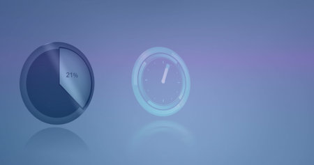 Image of neon ticking clock over statistical data processing against blue background. Business data...