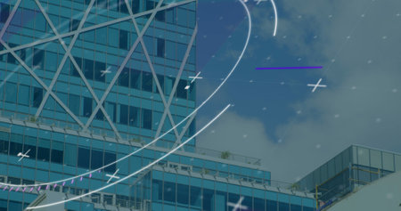 Image of scope scanning over cityscape. Global technology, computing and digital interface concept...