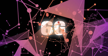 Image of multicolored dots connected with lines and forming geometric shapes over 6g text. Digitally generated, hologram, connection, communication, abstract and futuristic technology concept.の写真素材