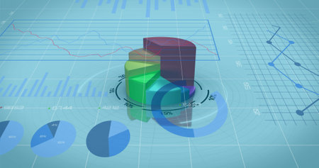 Image of financial data processing over financial graphs on blue background. Global business, finance and economic crisis concept digitally generated image.の写真素材