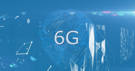Image of globe with 6g text over network of connections on blue background. Global technology,...