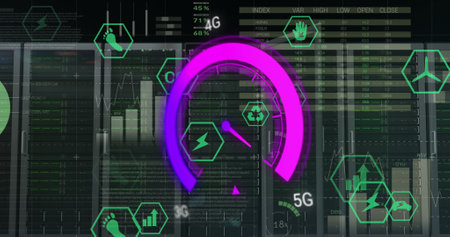 Image of data processing and server room over speedometer. Global business and digital interface...