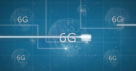 Image of interference over globe with 6g text on blue background. Global technology, computing and...