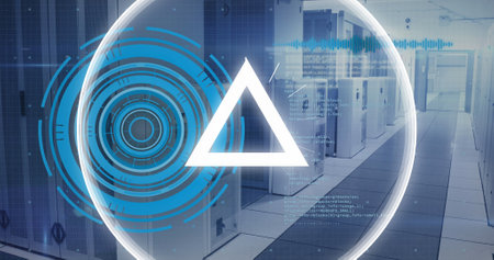 Image of data processing over server room. Global connections and digital data processing concept...