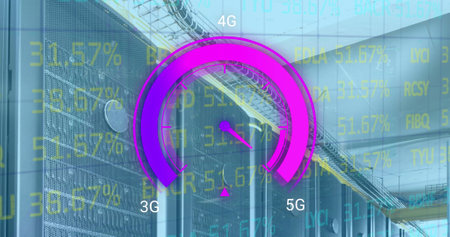 Image of data processing and server room over speedometer. Global business and digital interface...