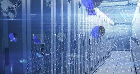 Image of data processing over server room. Global connections and digital data processing concept...