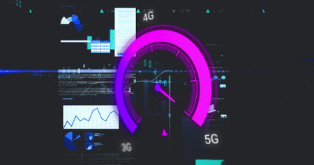 Image of data processing over speedometer. Global business and digital interface concept digitally generated image.の写真素材