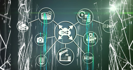 Images of network of connections with icons over data processing on dark background. Global...