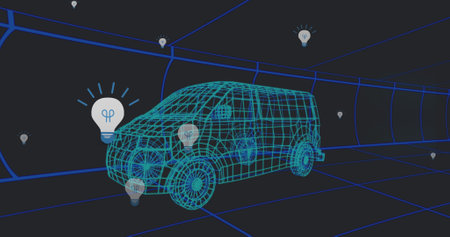 Image of falling icons over 3d car model over grid on black background. Global engineering and...