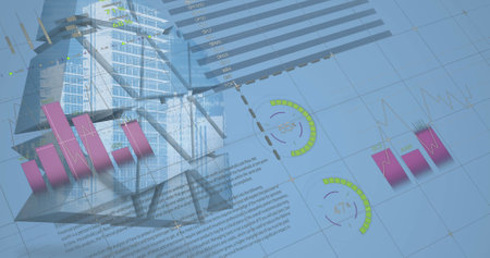 Image of statistics with data processing over modern building on blue background. Global business, finance and data processing concept digitally generated image.の写真素材